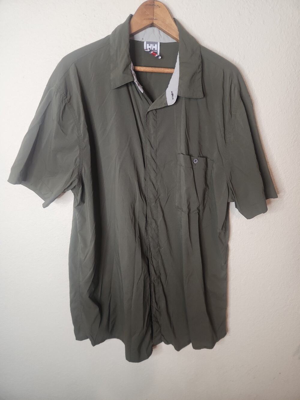 Helly Hansen Snap Button Up Shirt Green Performance Stretch Outdoor Hiking XL